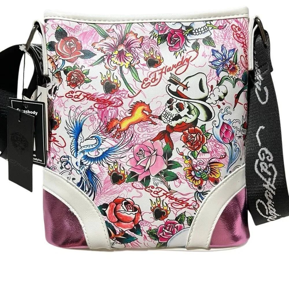 New Retro Y2K Ed Hardy Pink Metallic white tattoo print crossbody Skull Charms